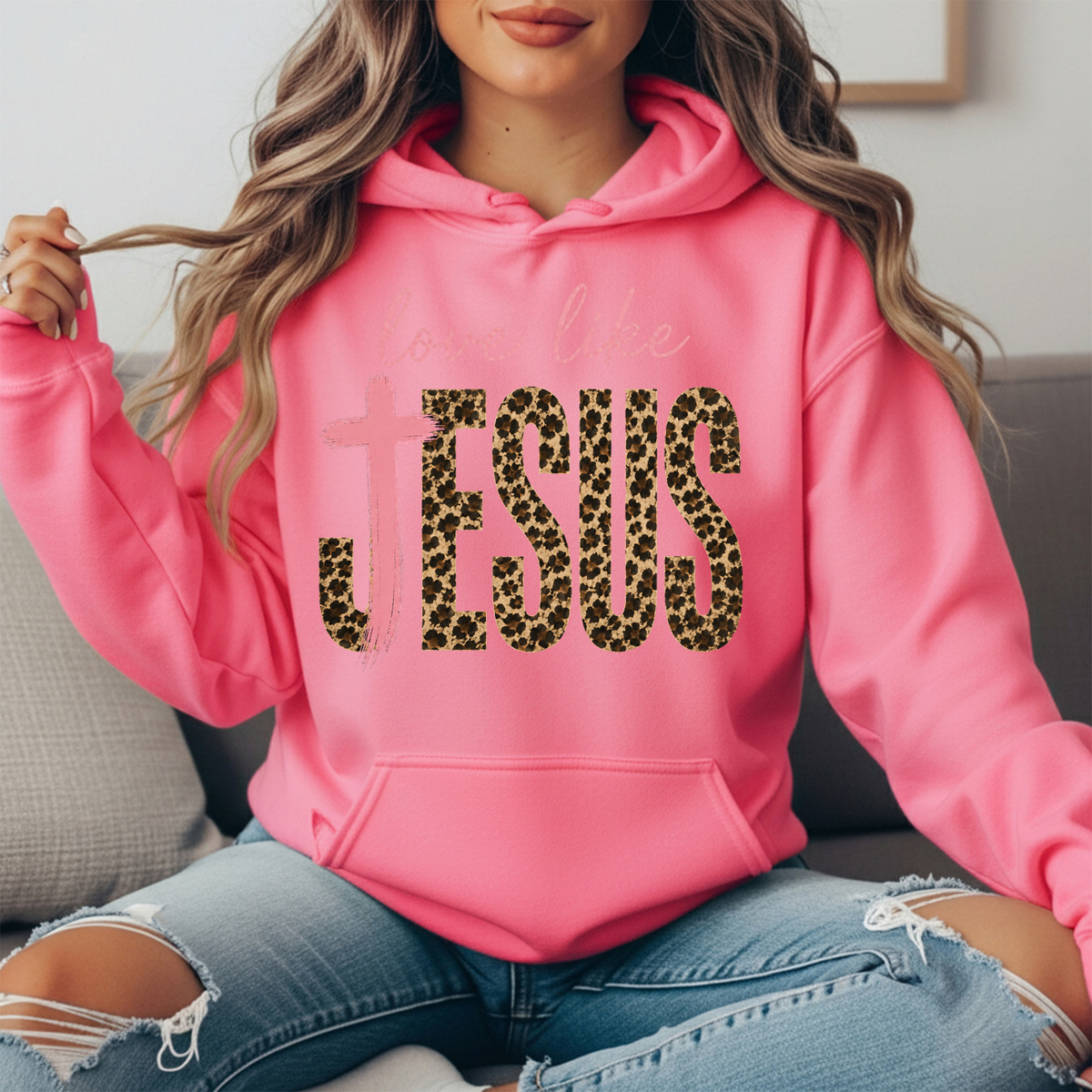 Love Like Jesus Leopard Print Cross Graphic Hoodie