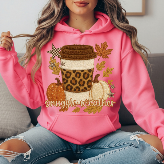 Snuggle Weather Faux Embroidery Coffee Hoodie Sweatshirt