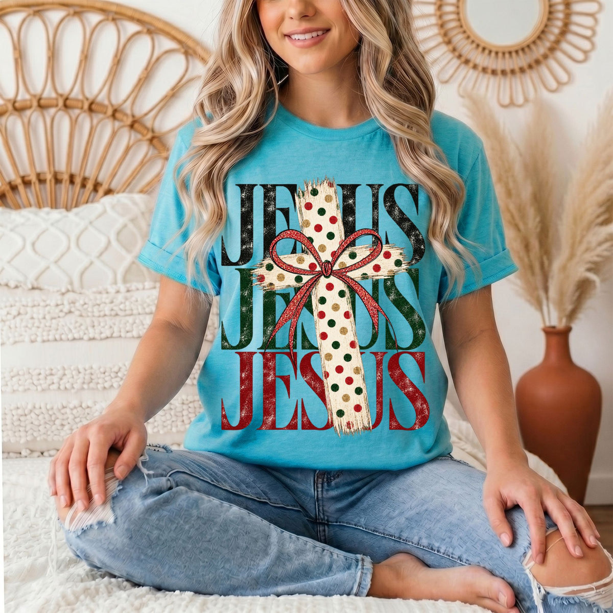 Jesus Christmas Cross & Bow Graphic Tee