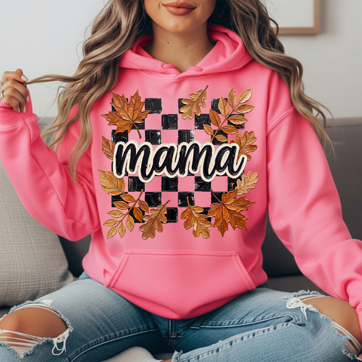 Mama Fall Leaves Checkerboard Graphic Hoodie