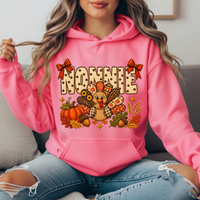 Nonnie Thanksgiving Patchwork Turkey Bow Graphic Hoodie
