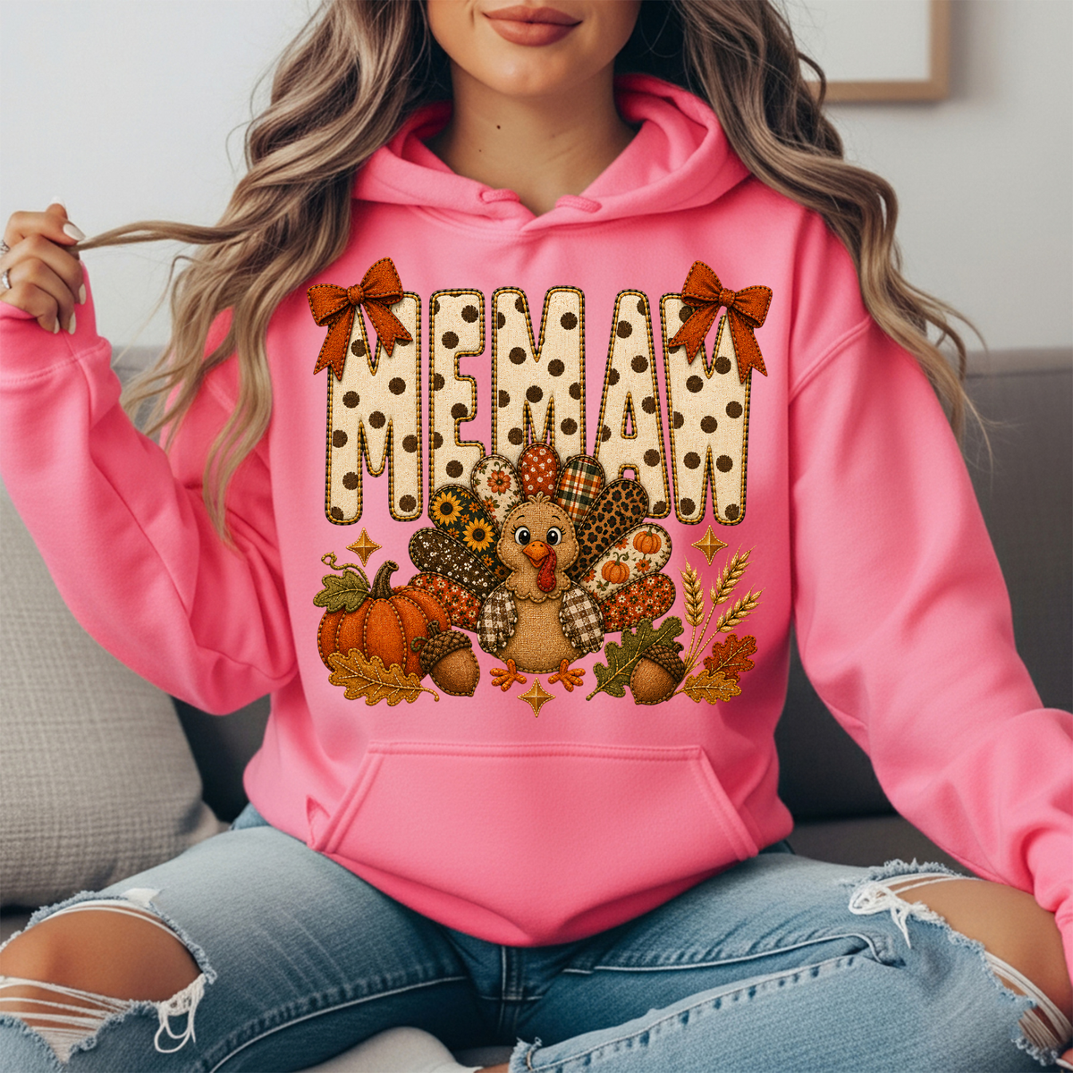 Memaw Thanksgiving Turkey & Rust Bows Graphic Hoodie