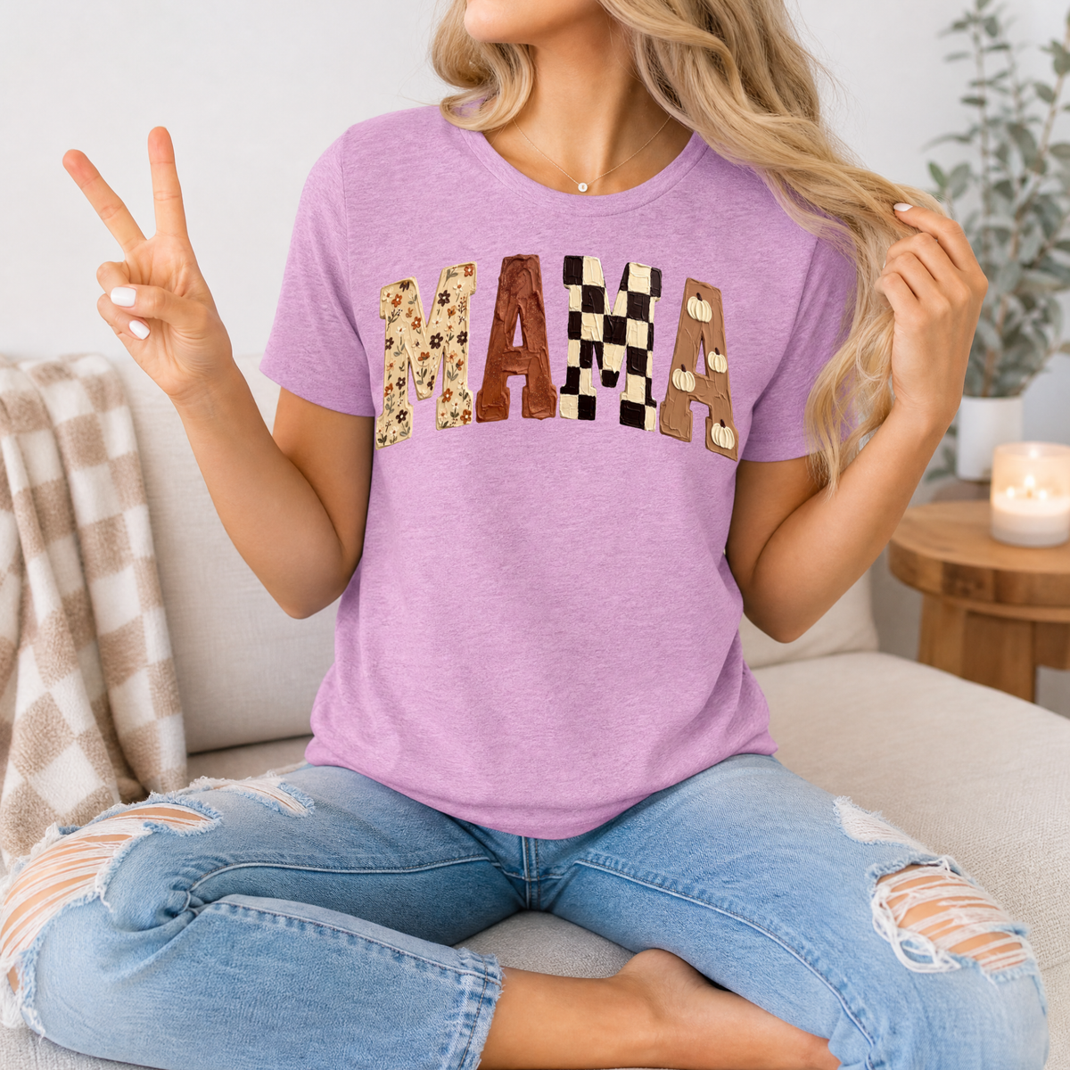 Fall Mama Floral, Checkerboard & Pumpkin Graphic Tee