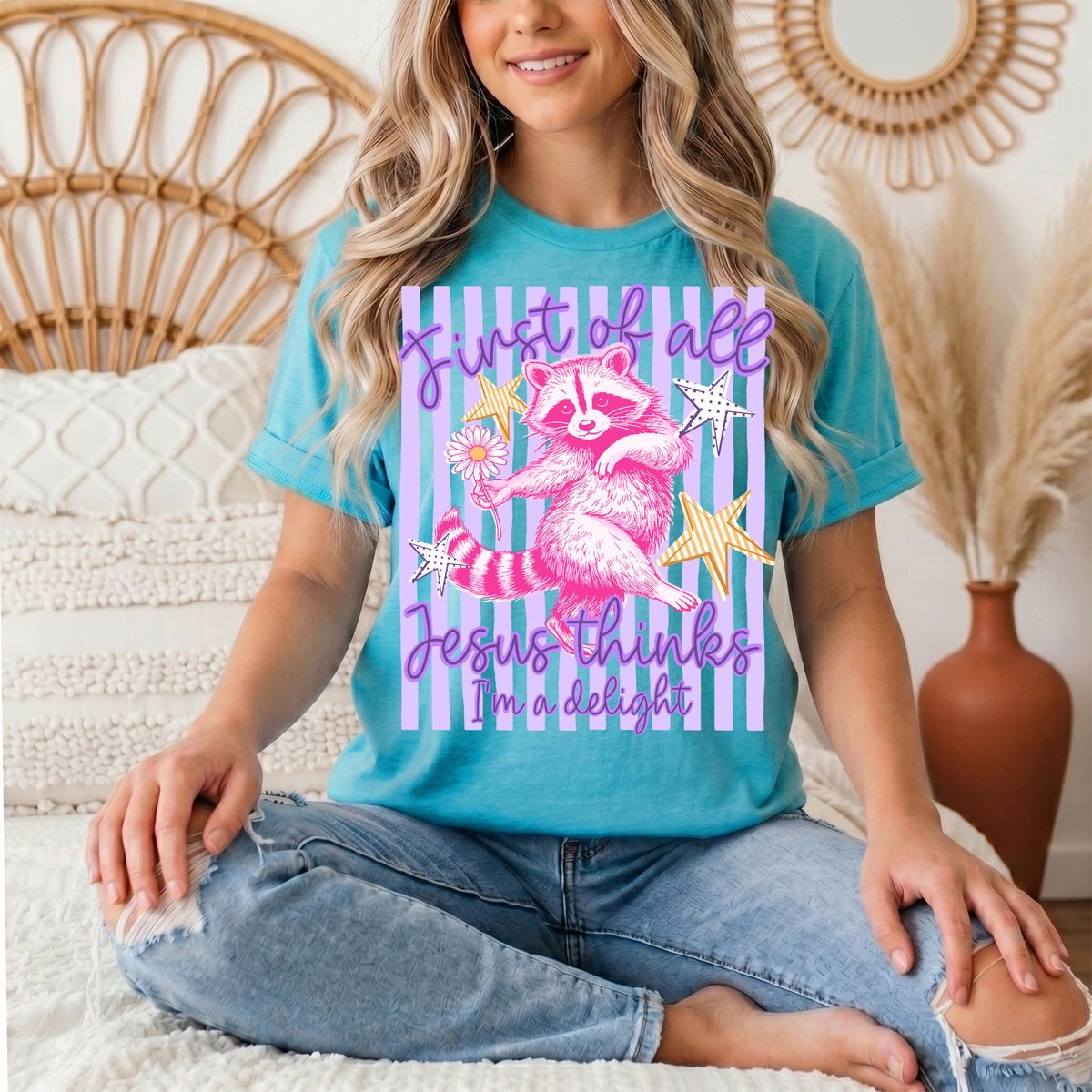 Jesus Thinks I'm a Delight Pink Raccoon Graphic Tee