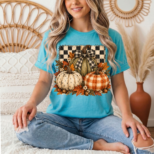 Rustic Fall Pumpkin Trio & Gingham Bow Graphic Tee