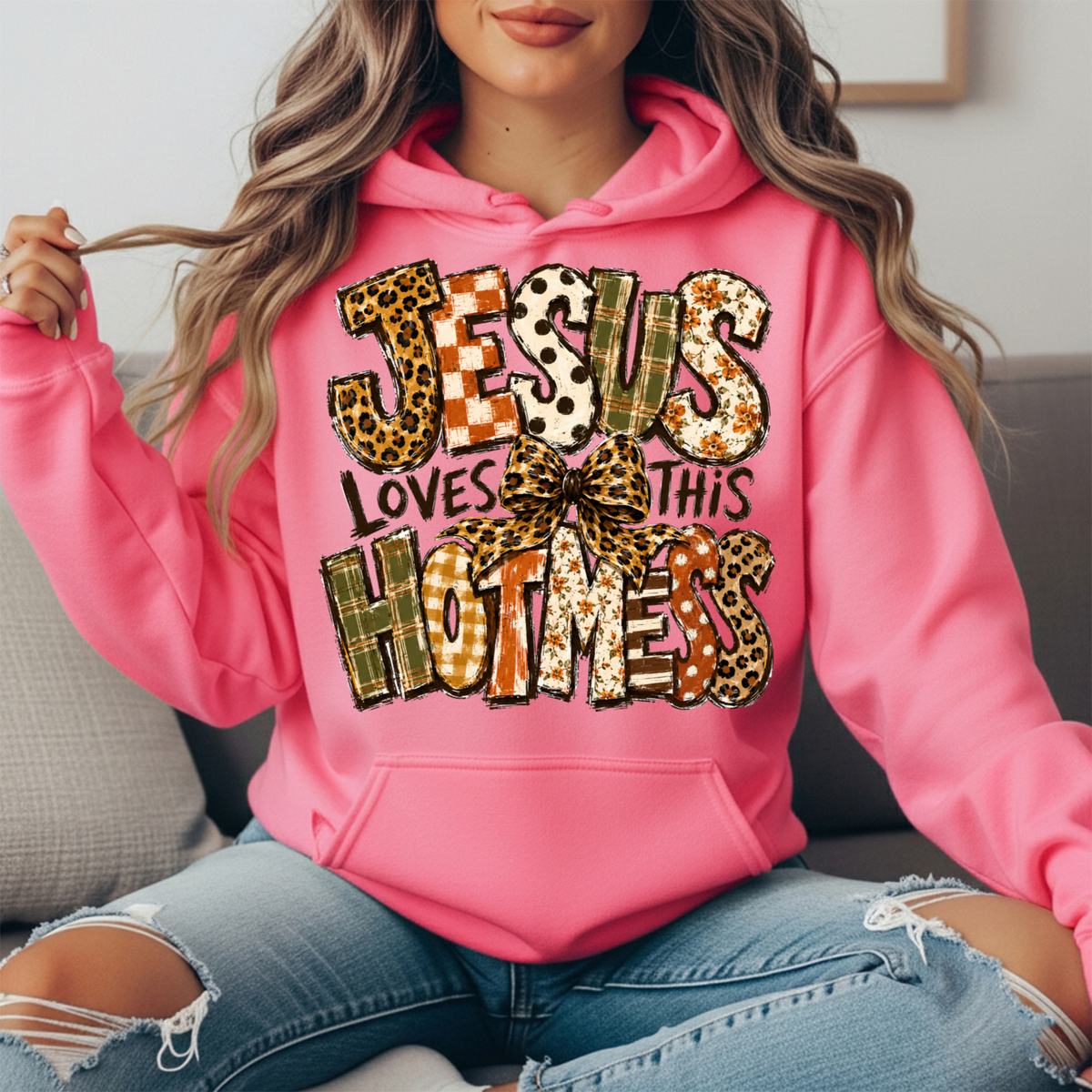 Jesus Loves This Hot Mess Leopard Bow Graphic Hoodie