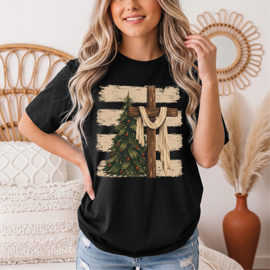 Rustic Cross & Christmas Tree Christian Graphic Tee