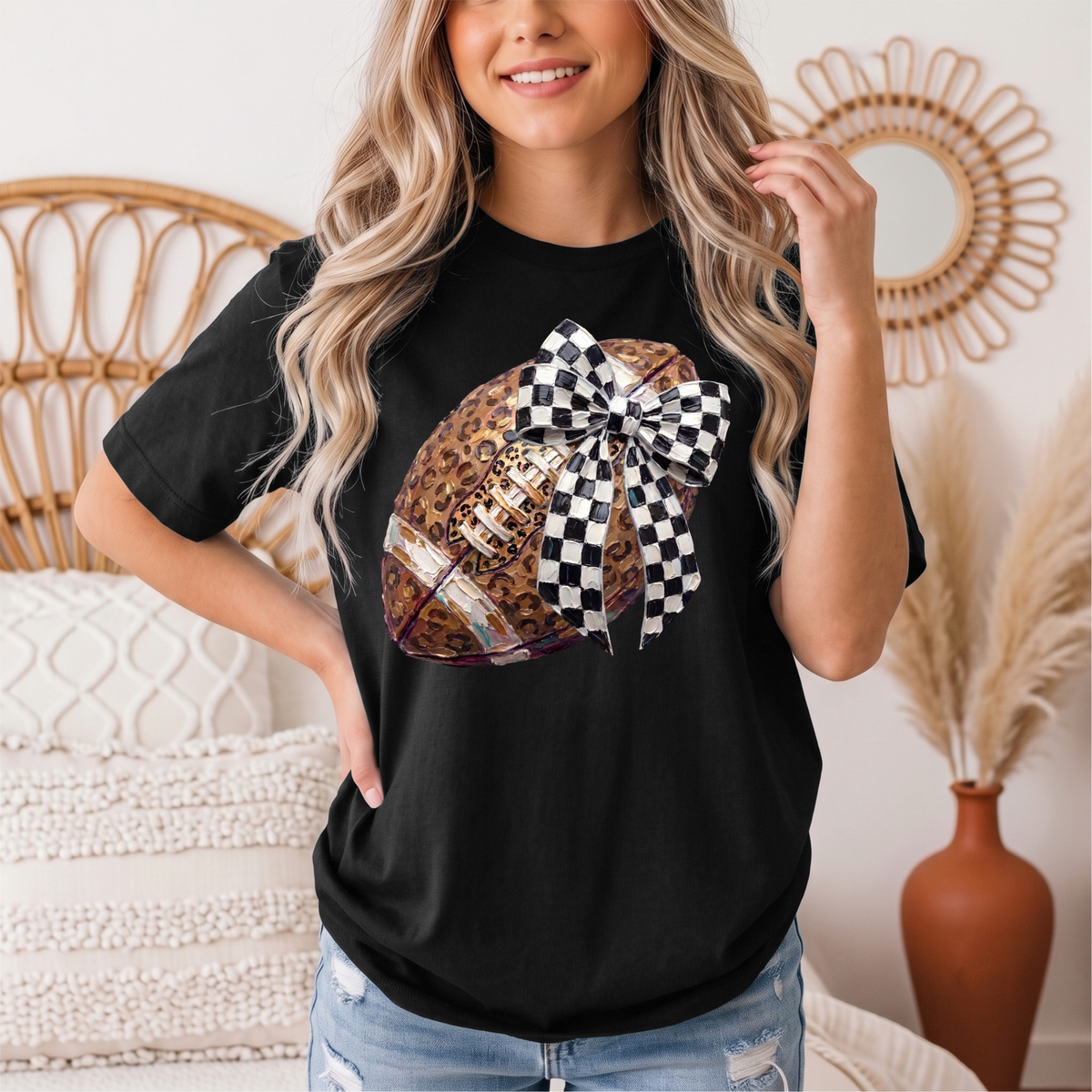 Leopard Football & Checkerboard Bow Graphic Tee