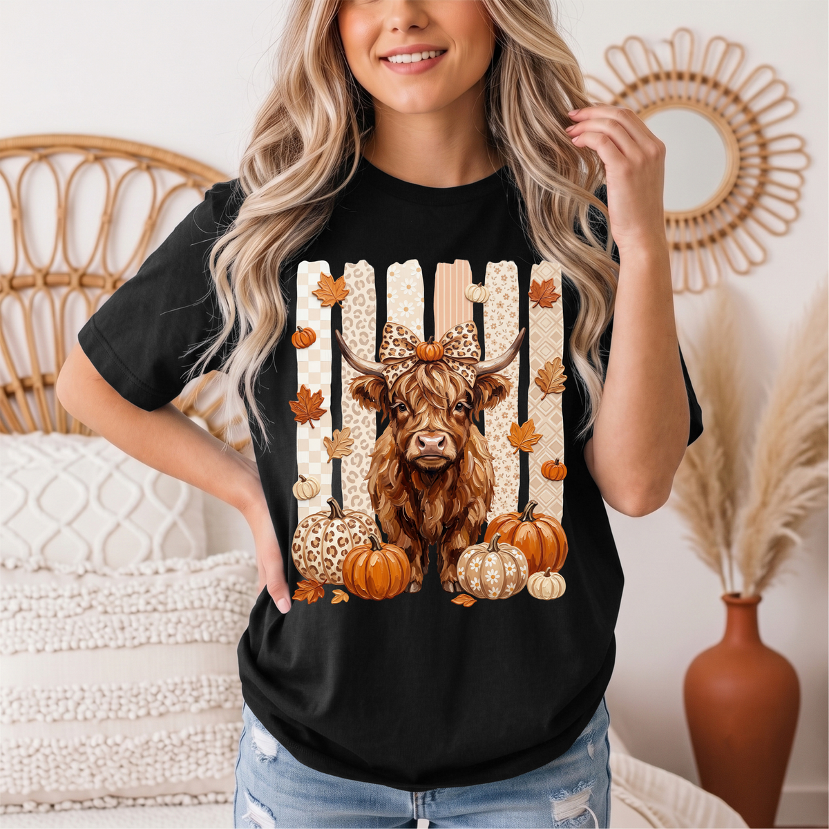 Fall Highland Cow Leopard Bow & Pumpkin Graphic Tee