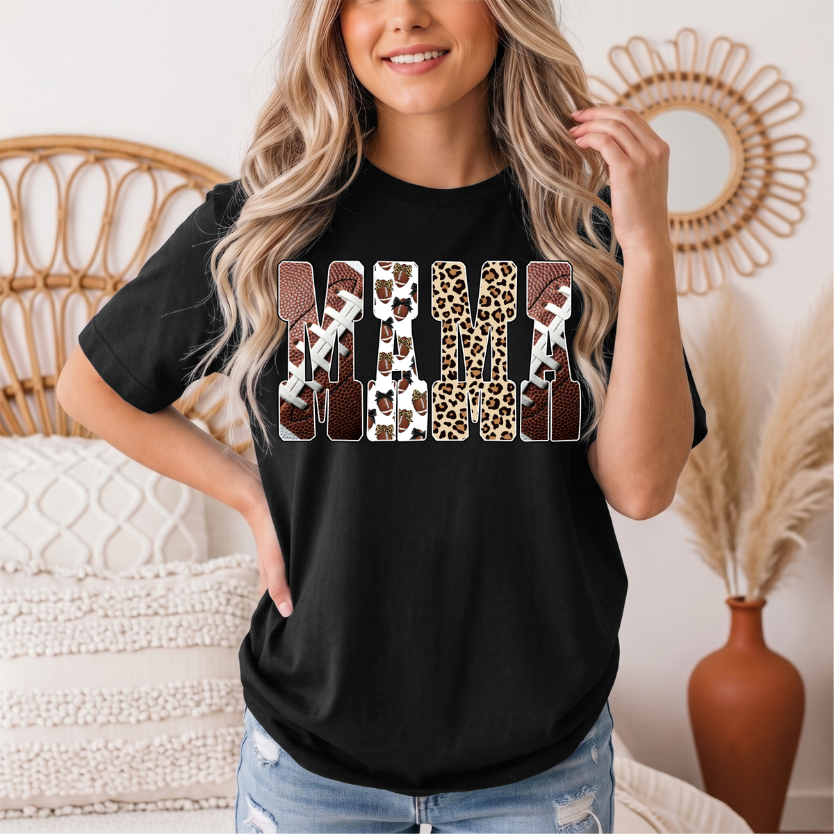 Mama Football & Leopard Mixed Print Graphic Tee