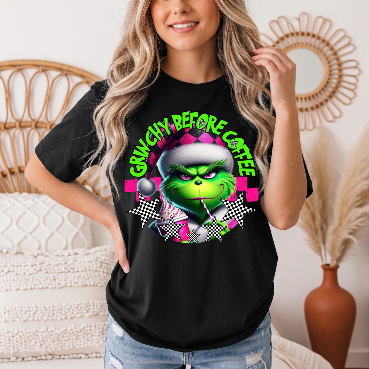 Grinchy Before Coffee Pink Checkerboard Christmas Graphic Tee