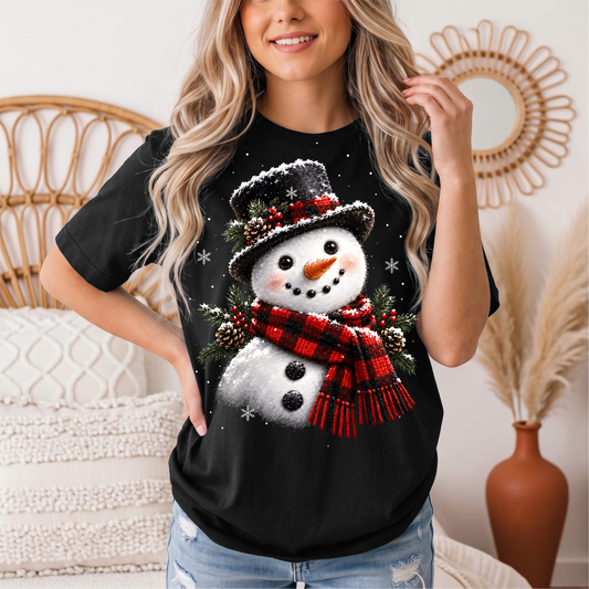 Snowman Buffalo Plaid Scarf Christmas Graphic Tee