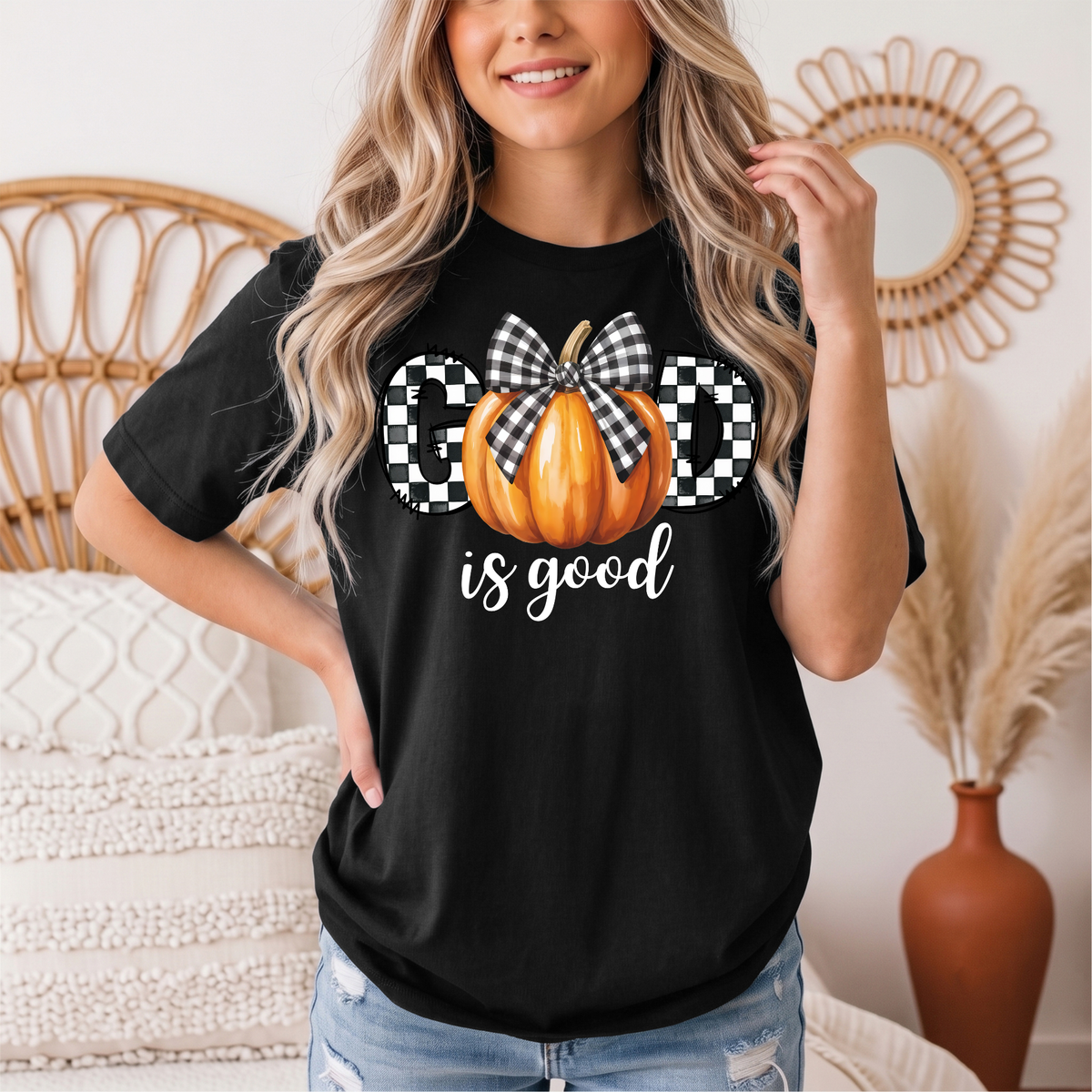 God Is Good Pumpkin & Gingham Bow Graphic Tee
