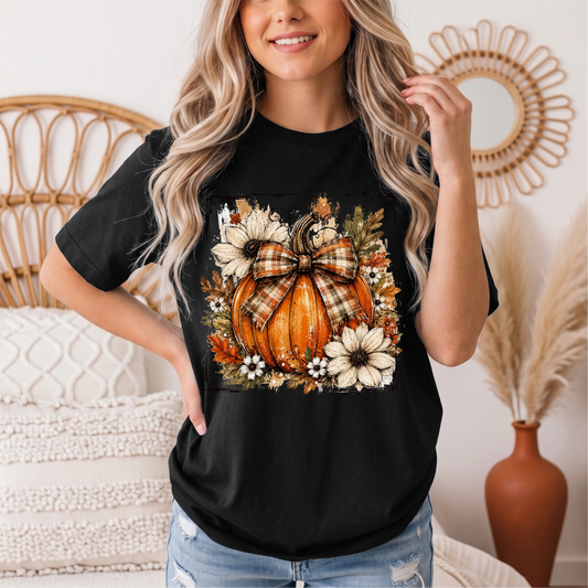 Fall Pumpkin Floral & Plaid Bow Graphic Tee