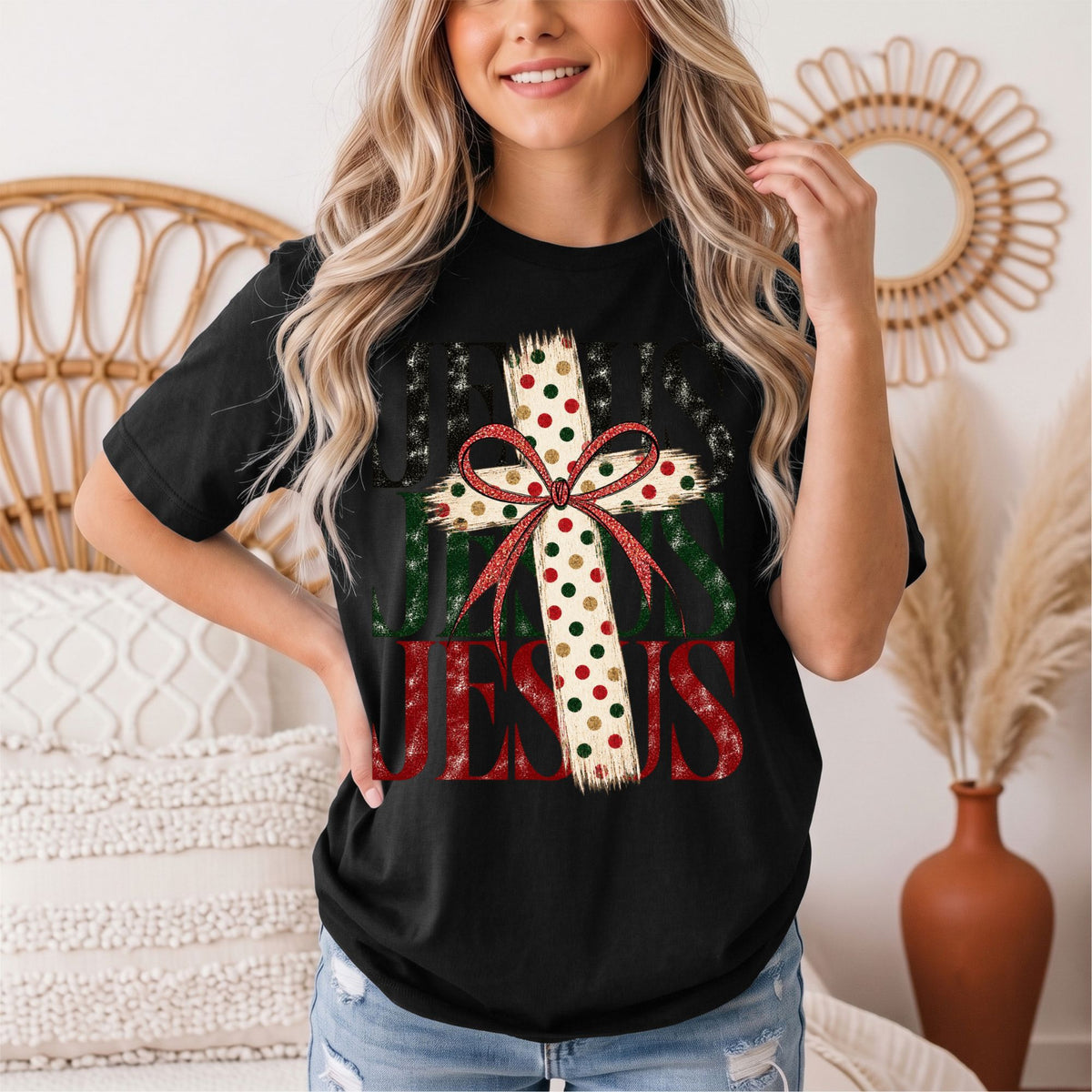Jesus Christmas Cross & Bow Graphic Tee