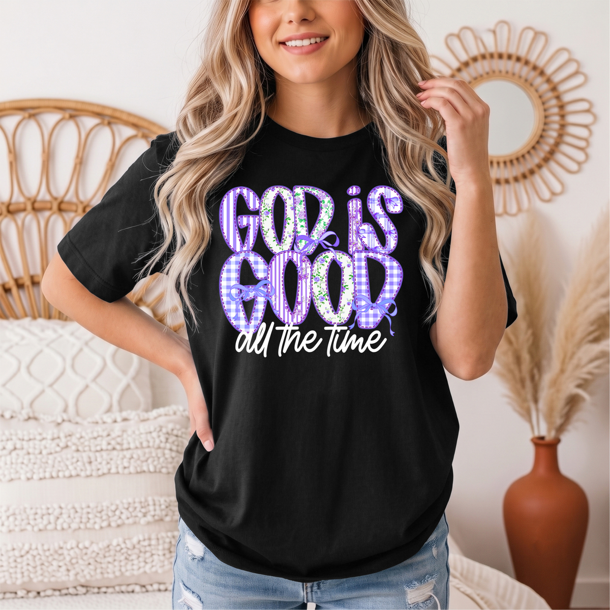 God Is Good All the Time Purple Bow Graphic Tee