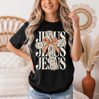 Jesus Lace Cross & Gingham Bow Christian Graphic Tee