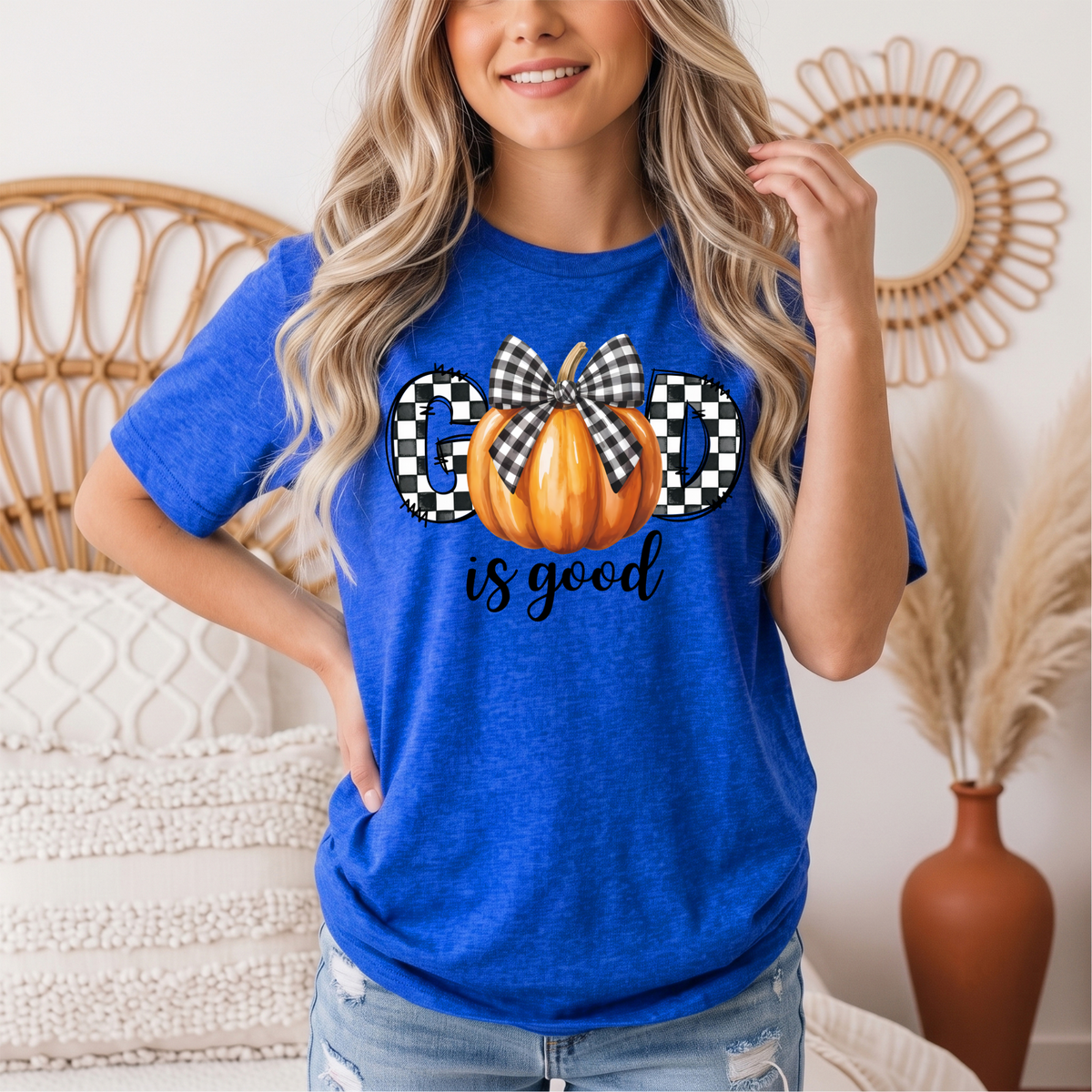 God Is Good Pumpkin & Gingham Bow Graphic Tee