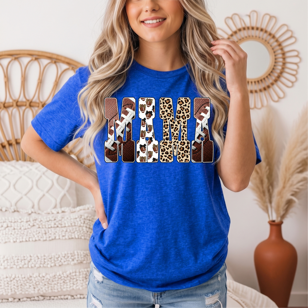Mama Football & Leopard Mixed Print Graphic Tee