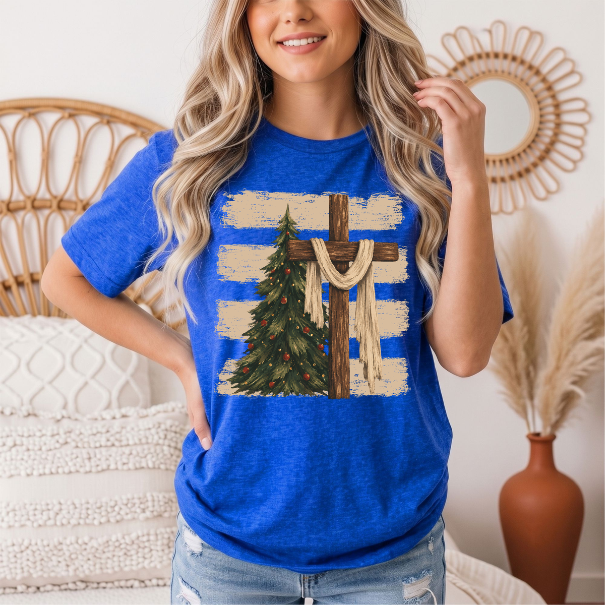 Rustic Cross & Christmas Tree Christian Graphic Tee