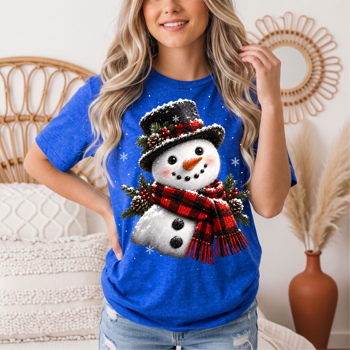 Snowman Buffalo Plaid Scarf Christmas Graphic Tee