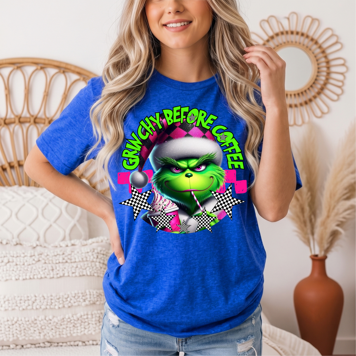 Grinchy Before Coffee Pink Checkerboard Christmas Graphic Tee