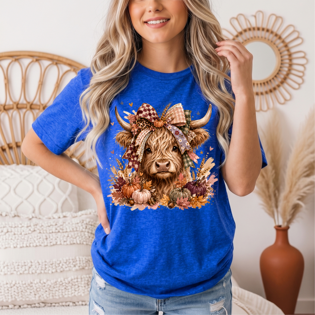 Fall Highland Cow Bow & Pumpkins Graphic Tee