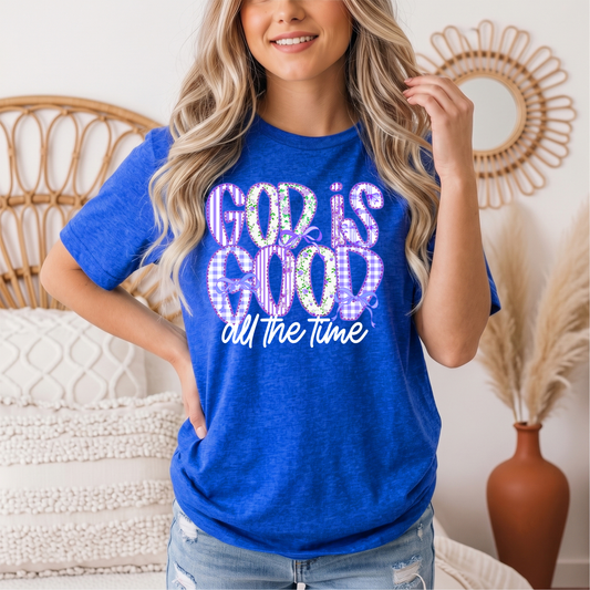 God Is Good All the Time Purple Bow Graphic Tee