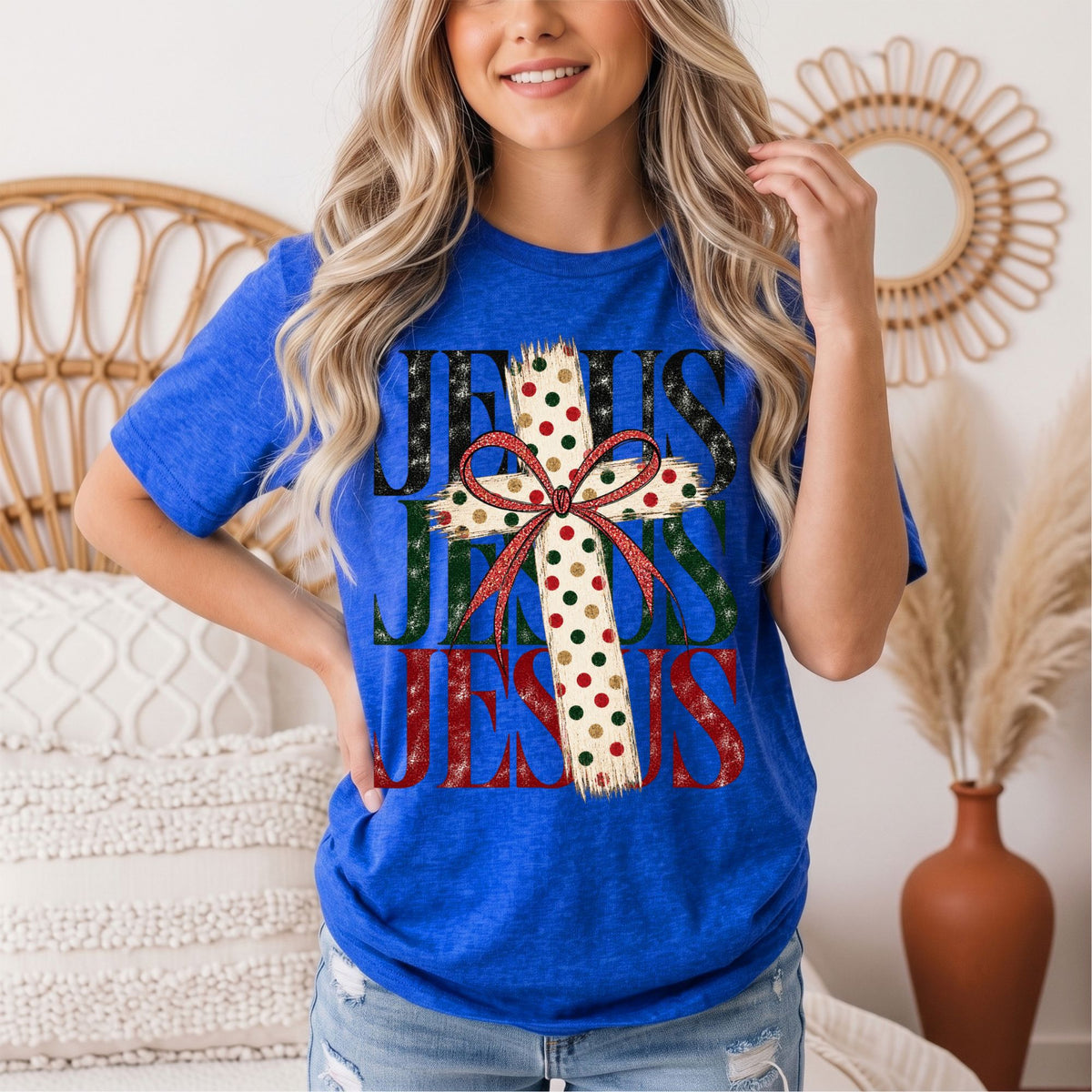 Jesus Christmas Cross & Bow Graphic Tee