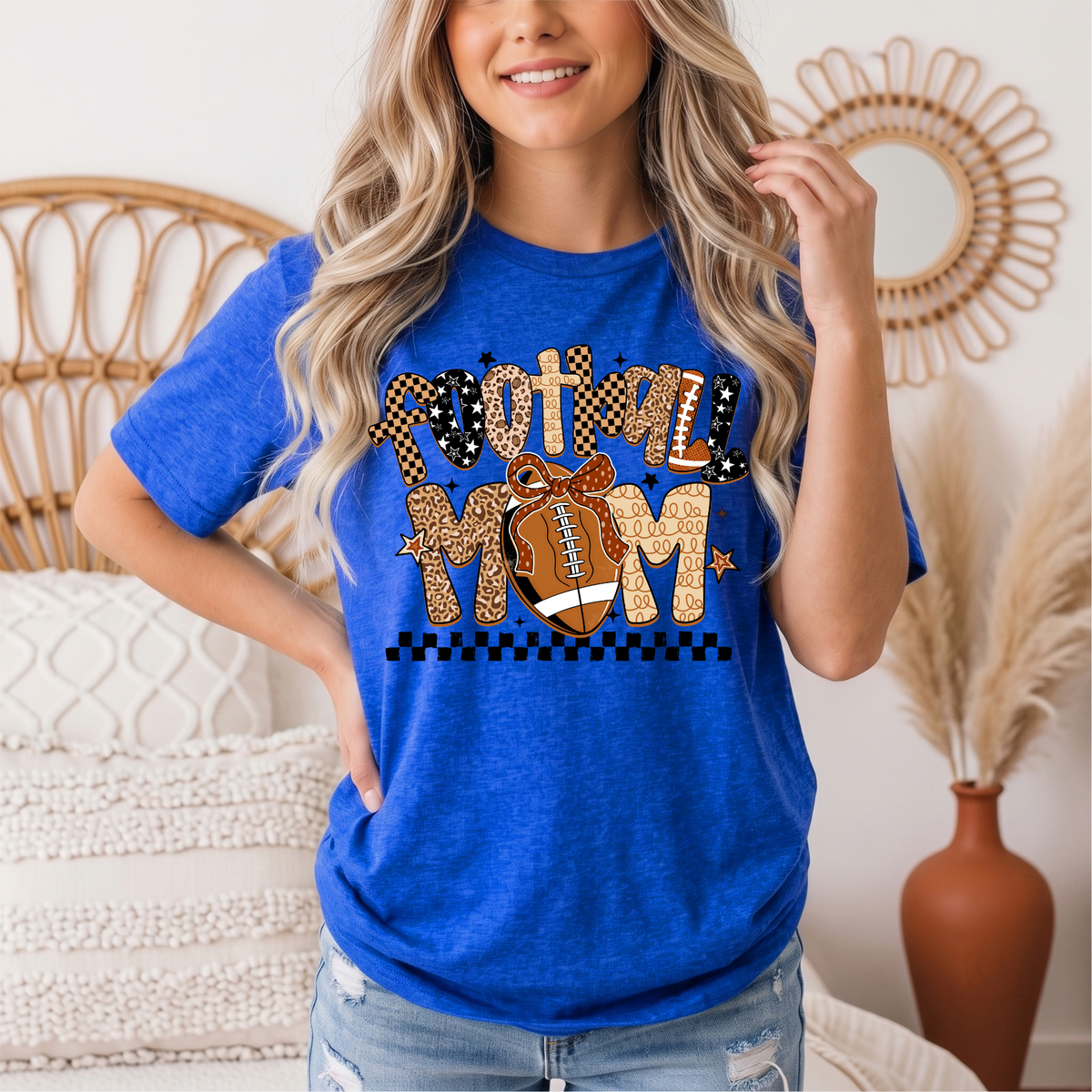 Football Mom Mixed Print Bow & Checkerboard Graphic Tee