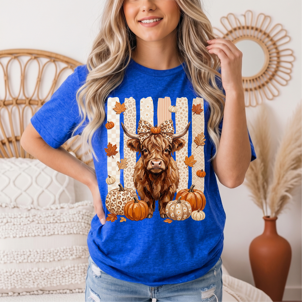 Fall Highland Cow Leopard Bow & Pumpkin Graphic Tee