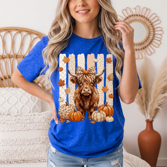 Fall Highland Cow Leopard Bow & Pumpkin Graphic Tee