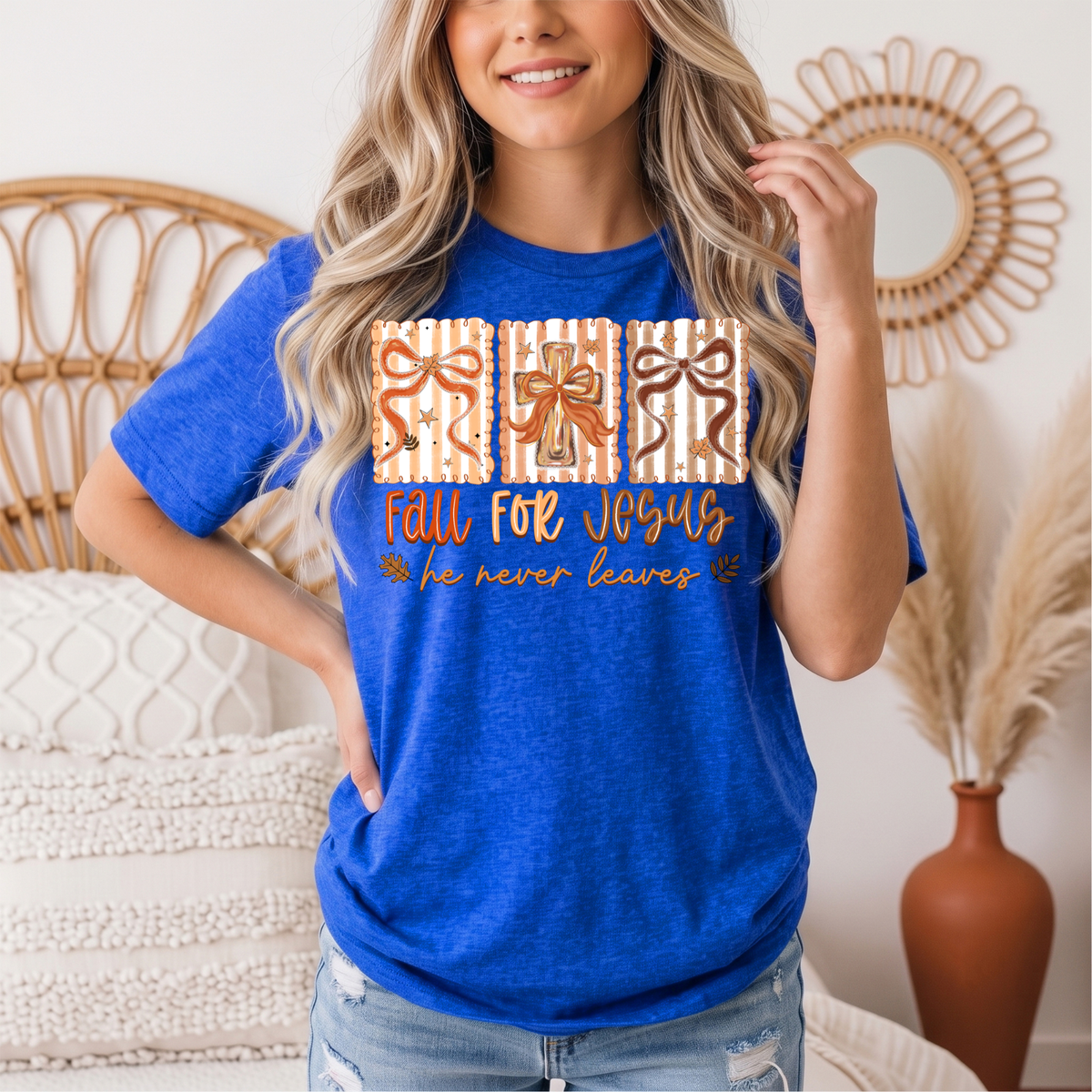 Fall for Jesus He Never Leaves Christian Graphic Tee
