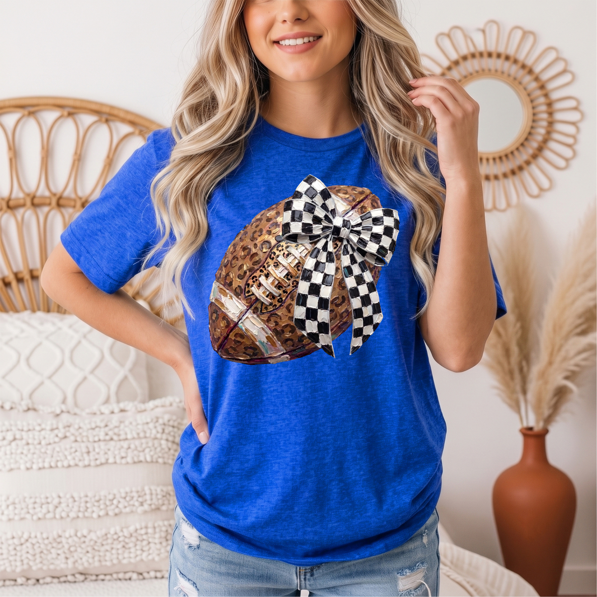 Leopard Football & Checkerboard Bow Graphic Tee