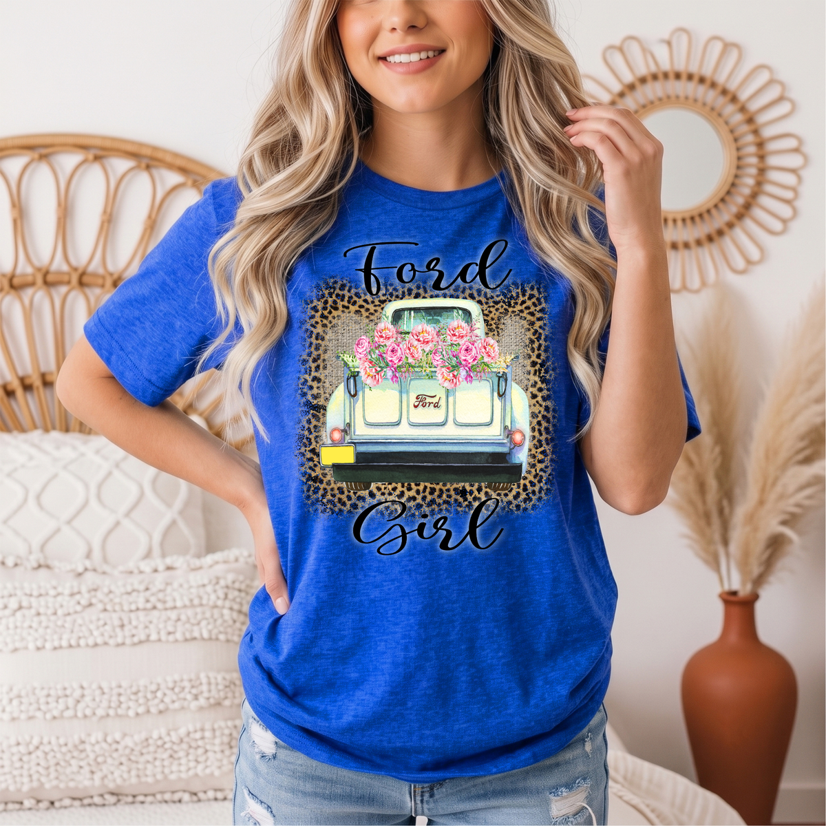 Ford Girl Floral Vintage Truck & Leopard Graphic Tee
