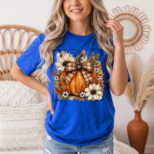 Fall Pumpkin Floral & Plaid Bow Graphic Tee