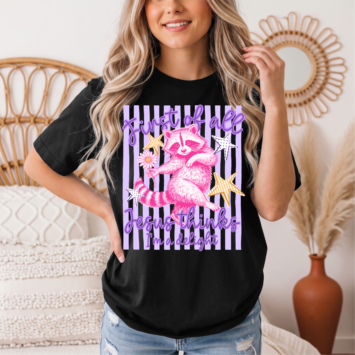 Jesus Thinks I'm a Delight Pink Raccoon Graphic Tee