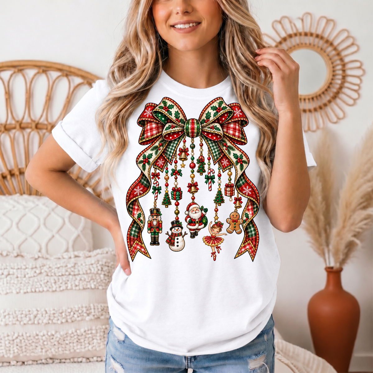 Christmas Plaid Bow & Holiday Charms Graphic Tee