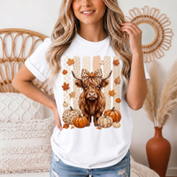 Fall Highland Cow Leopard Bow & Pumpkin Graphic Tee