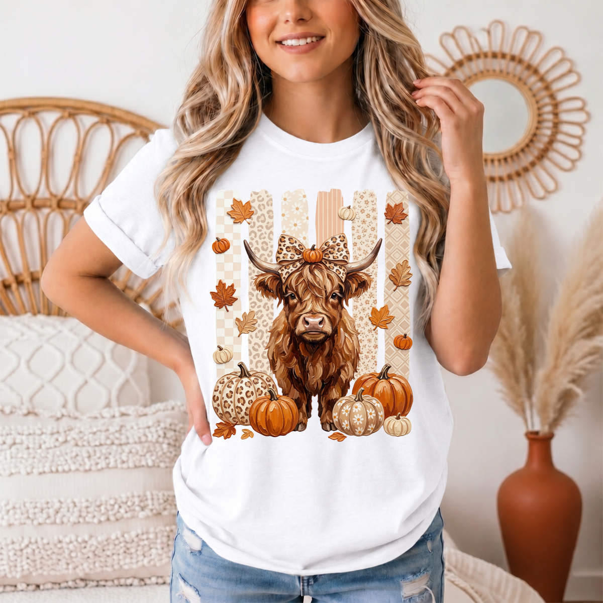 Fall Highland Cow Leopard Bow & Pumpkin Graphic Tee