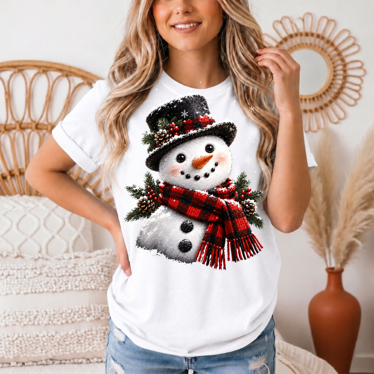 Snowman Buffalo Plaid Scarf Christmas Graphic Tee