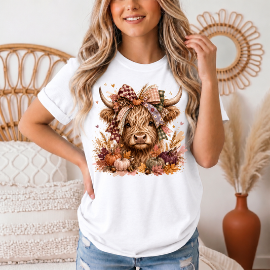 Fall Highland Cow Bow & Pumpkins Graphic Tee