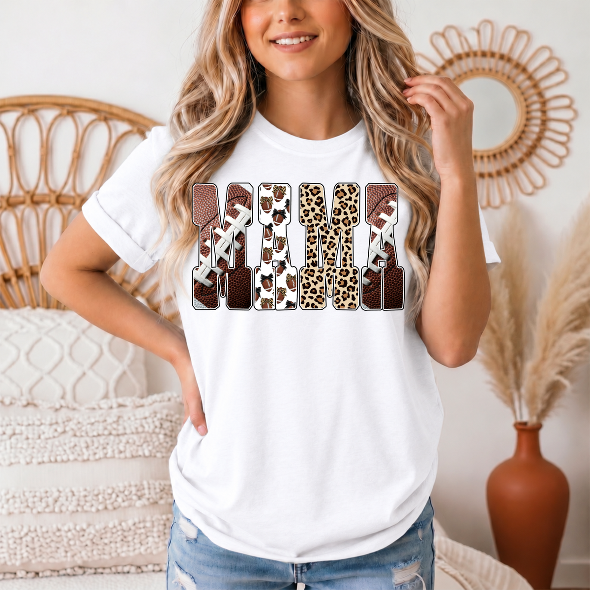 Mama Football & Leopard Mixed Print Graphic Tee