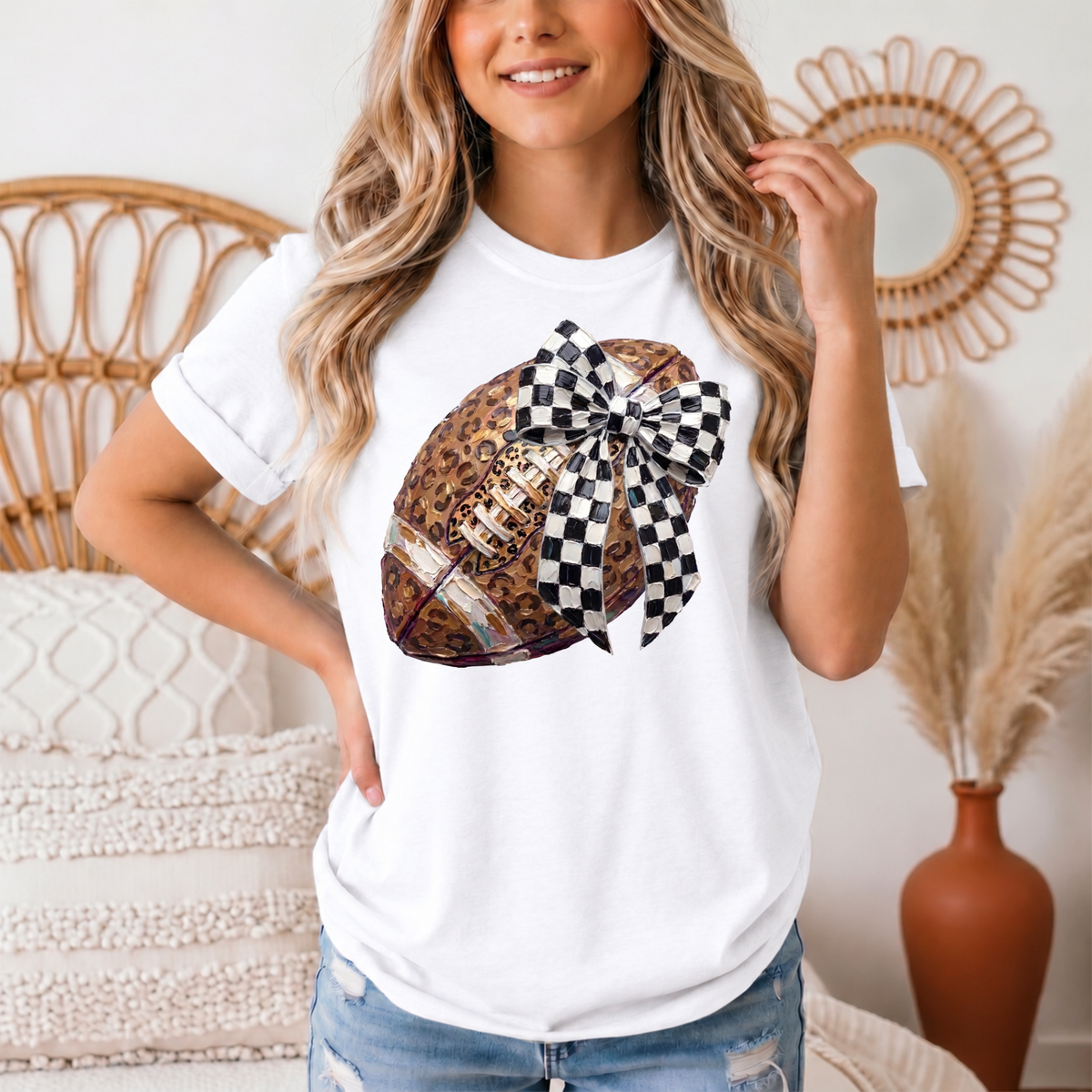 Leopard Football & Checkerboard Bow Graphic Tee