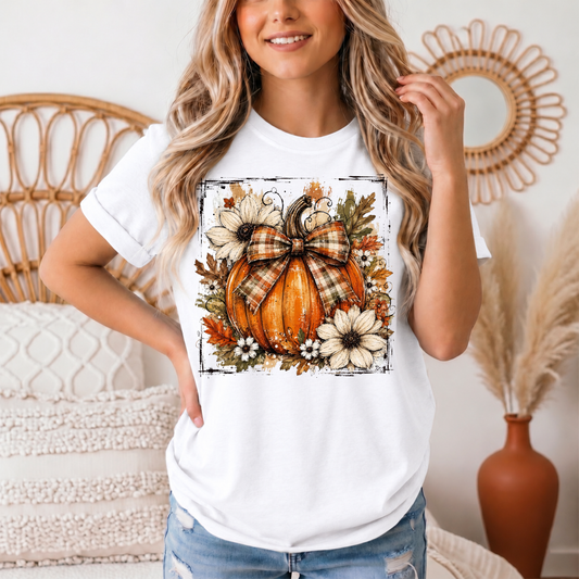 Fall Pumpkin Floral & Plaid Bow Graphic Tee