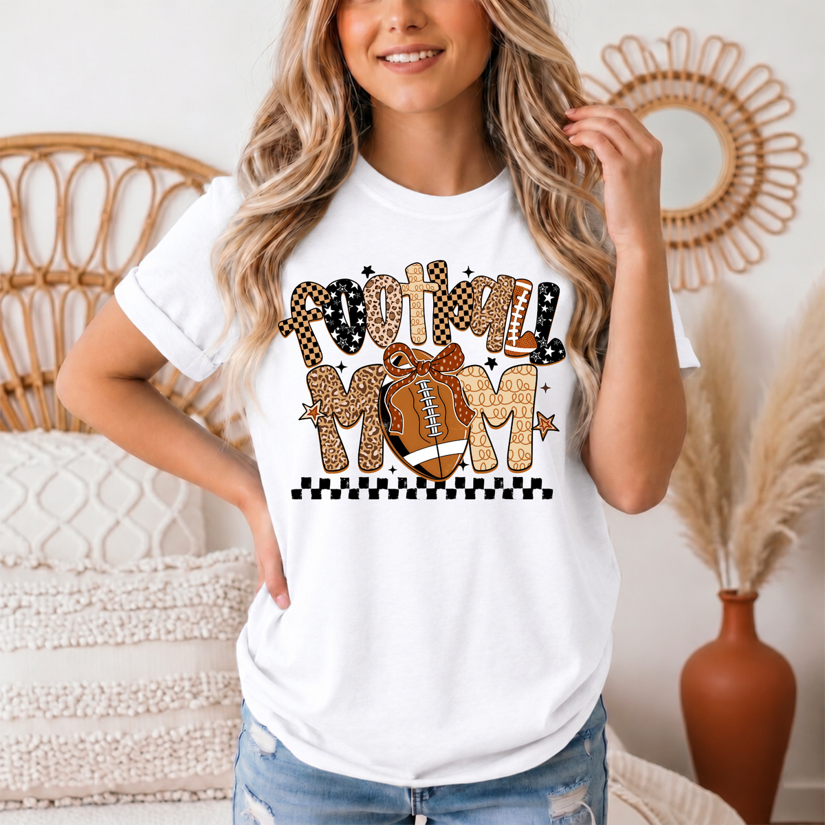 Football Mom Mixed Print Bow & Checkerboard Graphic Tee