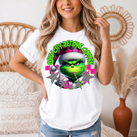 Grinchy Before Coffee Pink Checkerboard Christmas Graphic Tee