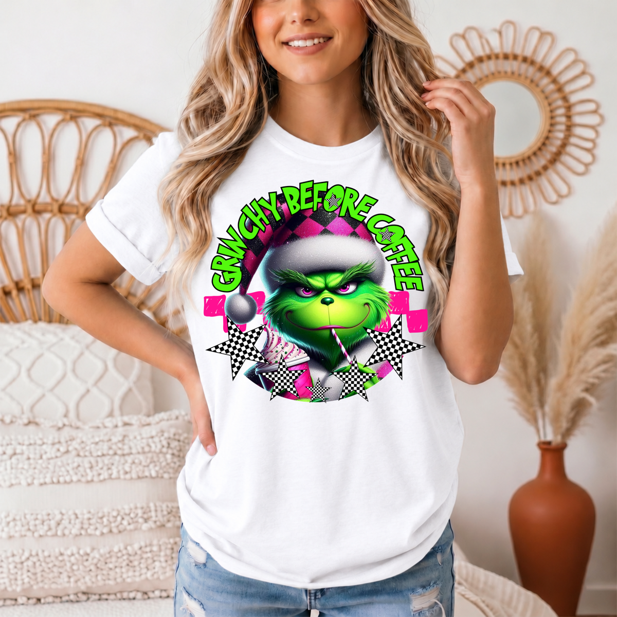 Grinchy Before Coffee Pink Checkerboard Christmas Graphic Tee