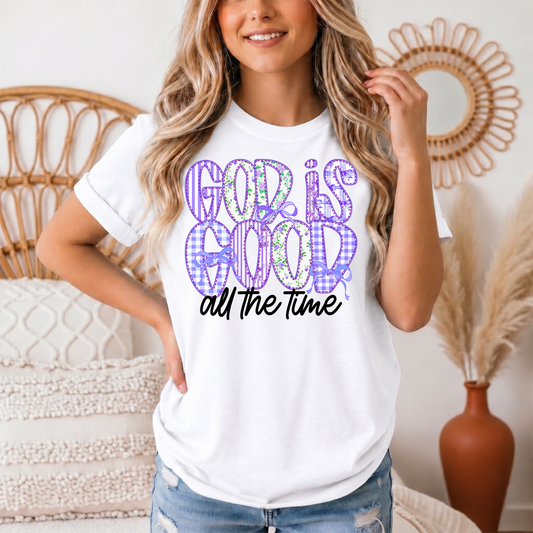 God Is Good All the Time Purple Bow Graphic Tee