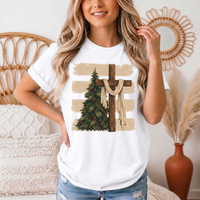 Rustic Cross & Christmas Tree Christian Graphic Tee